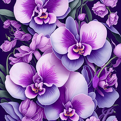 Pink purple orchid watercolor clipart for vibrant creations. Batik design style. Textile design.