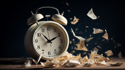 alarm clock and red paper confetti on black background.