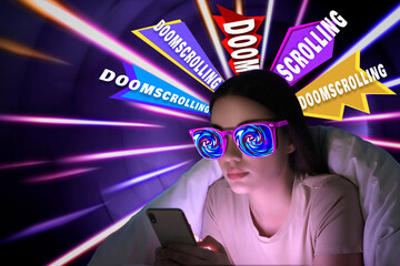 Doomscrolling concept. Woman in bright sunglasses reading negative news via mobile phone. Words...