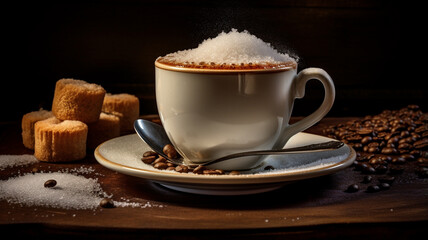 cup of coffee with chocolate on wooden background