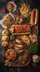fast food table top view hamburger hot dog snack, ai generation