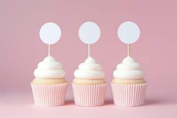 Blank White Round Cupcake Toppers Mockup on Pastel Background, Empty Label Template for Product Display. Generative AI