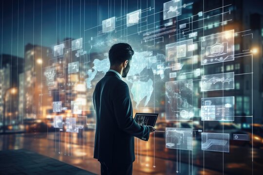 Artificial intelligence (AI), machine learning using data collection technology on virtual data collection maps.Double exposure, business man handwork concept. The documents fund graphic diagrams