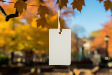 Hanging Blank White Rectangle Gift Tag Mockup, Empty Paper Tag Label Template with Autumn Leaves Background. Generative AI