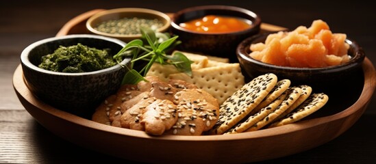 Assorted Japanese snacks in a close up wooden bowl Includes rice crackers with wasabi and nori...