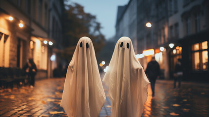 Obraz premium Ghosts walking on the street in the evening. Halloween concept.