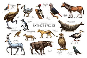 Extinct species. Wild mammal animals and birds. Dodo, Moa, Tasmanian wolf, Quagga. Aurochs. Blue antelope. Hand drawn vector engraved sketch. Graphic vintage style.  © artbalitskiy