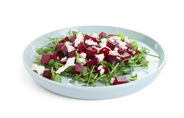 Plate of fresh vegetable salad with beet on white background