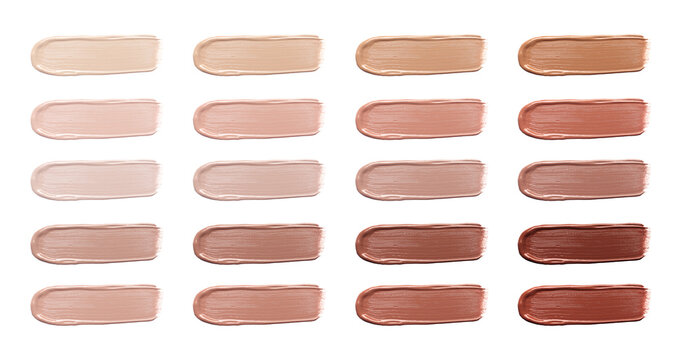 Different shades of liquid skin foundation on white background, top view. Set with samples of makeup product