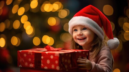 Fototapeta na wymiar Child girl in Santa Claus hat holding Christmas gift on background with Christmas tree and blurred lights, Generative AI