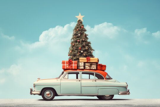 Blue vintage car with Christmas tree and gifts on the roof, Blue old car, Generative AI