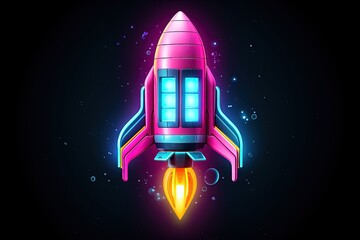 Rocket with pink neon colors on black background, Neon rocket, Generative AI