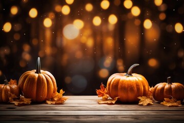 Pumpkins on wooden table on background with blurred lights, Generative AI