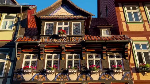 German traditional architecture fachwerk wooden houses in historical center Wernigerode, Saxony-Anhalt, Germany, August 20, 2023 . High quality 4k footage