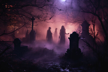 the eerie atmosphere of Halloween: A moonlit abandoned graveyard, bathed in sinister shades of purple and green. Ghostly figures dance in mist, their ethereal forms swirling with supernatural grace