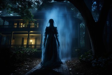 a haunted mansion cloaked in deep shadows, bathed in moonlit blues and eerie greens, with a ghostly figure lingering at its threshold, evoking both fright and fascination
