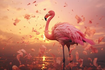portrait of a pink flamingo gracefully dancing in a surreal golden hour sky.