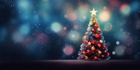 Christmas tree on blue background with blurred lights in bokeh style, Generative AI
