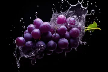 Fotobehang Bunch of grapes falling with water splash on black background, Generative AI © Kaleb