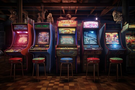 Old game room with arcade machines, Generative AI