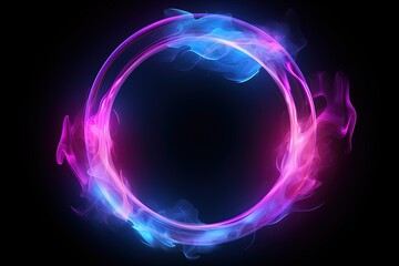 Glowing neon circle with purple light on black background, Generative AI