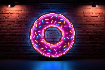 Donut with neon effect lights and brick wall background, donut shaped neon sign, Generative AI