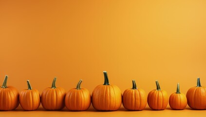 Pumpkins in a row on orange background with copy space, Generative AI