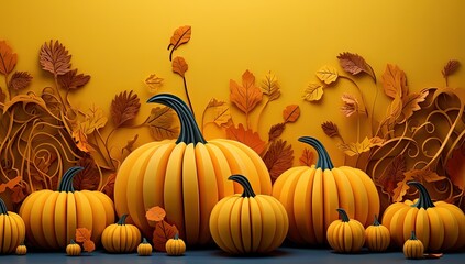 Naklejka na ściany i meble Pumpkins and leaves on orange background with copy space, Generative AI