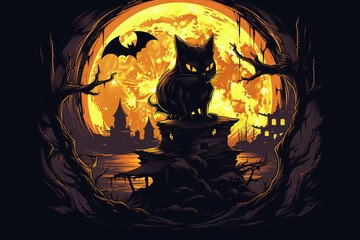 Halloween featuring a mischievous black cat with glowing yellow eyes, perched upon a crescent moon. Surround it with swirling bats, eerie clouds, and a haunted house silhouette. 