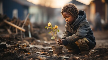 A child in a vacant lot behind a poor or war torn area, finding a flower growing. Generative AI.  - obrazy, fototapety, plakaty