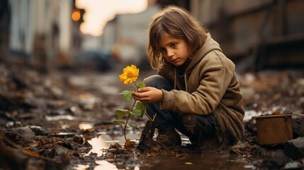 A child in a vacant lot behind a poor or war torn area, finding a flower growing. Generative AI.  - obrazy, fototapety, plakaty
