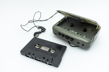 Vintage audio player and cassette. Old fashioned portable cassette player, cult object, icon and...