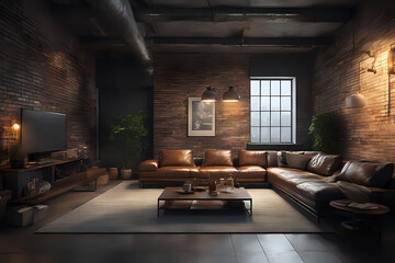 Living room in industrial style with vertical window and leather sofa and brick wall on dark cinematic - obrazy, fototapety, plakaty