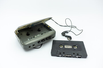 audio cassette isolated on white. Vintage audio player. Old fashioned portable cassette player,...