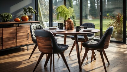 dining area with a round table and leather chairs