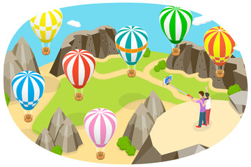 3D Isometric Flat  Conceptual Illustration of Cappadocia Rocks, Turkey, Beautiful Landscape with Flying Hot Air Balloons