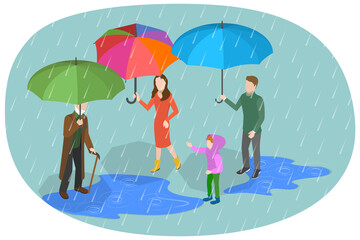 3D Isometric Flat  Set of People In A Rainy Day, Autumn Season