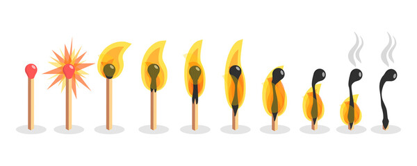 3D Isometric Flat  Set of Burning Matchs, Different Stages