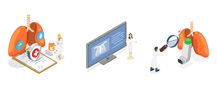 3D Isometric Flat  Conceptual Illustration of Lung Disease, Respiratory System Examination and Treatment