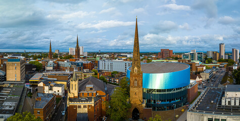 Aerial view of Coventry, a city in central England known for the medieval Coventry Cathedral and...