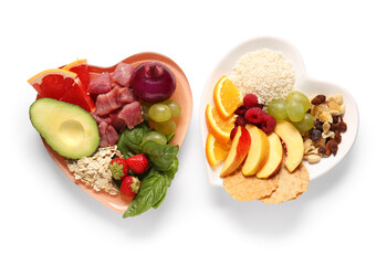 Plates with fresh healthy products on white background. Diet concept