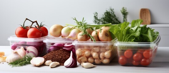 Onion and fresh foods on table Storage