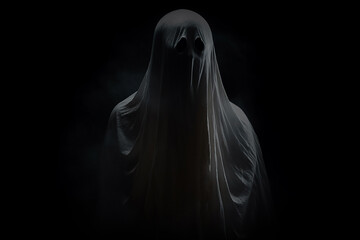 Creepy Halloween Ghosts Effect Photo Overlay. Ethereal Specter, White Silhouette, Mysterious Darkness, Paranormal Phantom, Supernatural Apparition. Generative AI. - obrazy, fototapety, plakaty