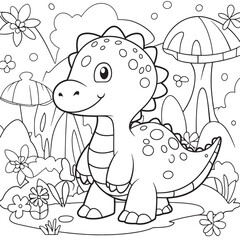Fototapeta premium baby cute dinosaur cartoon coloring pages, Black and white coloring pages for kids, simple lines, vector 