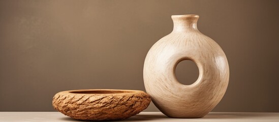 Rustic style donut shaped clay beige vase for interior design - obrazy, fototapety, plakaty