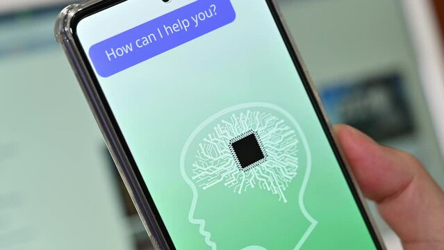 A man using AI voice services on a mobile device. artificial intelligence concept