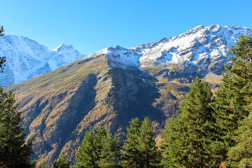 Pastoral landscape - and high mountains with snowy peaks over a valley