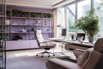 Step into a stylish and inviting office space bathed in calming lavender hues, featuring ergonomic furniture, cozy ambiance, and inspiring decor for enhanced productivity and relaxation.