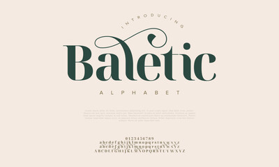 Baletic premium luxury elegant alphabet letters and numbers. Elegant wedding typography classic serif font decorative vintage retro. Creative vector illustration - obrazy, fototapety, plakaty