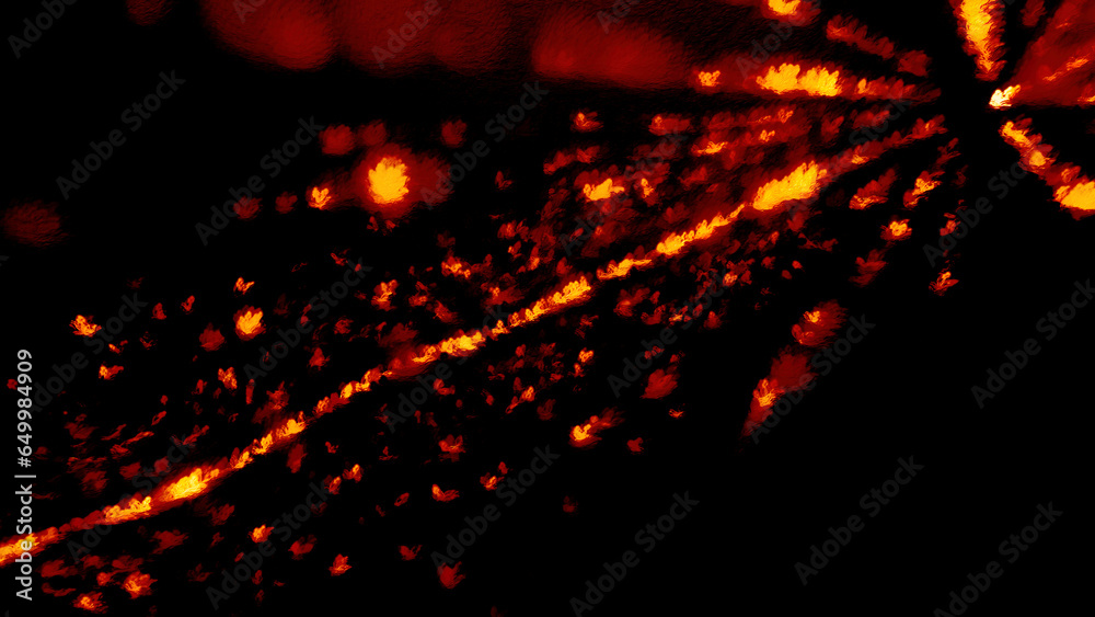 Poster abstract particles background with long rays on a red background. motion. moving particles, glowing 